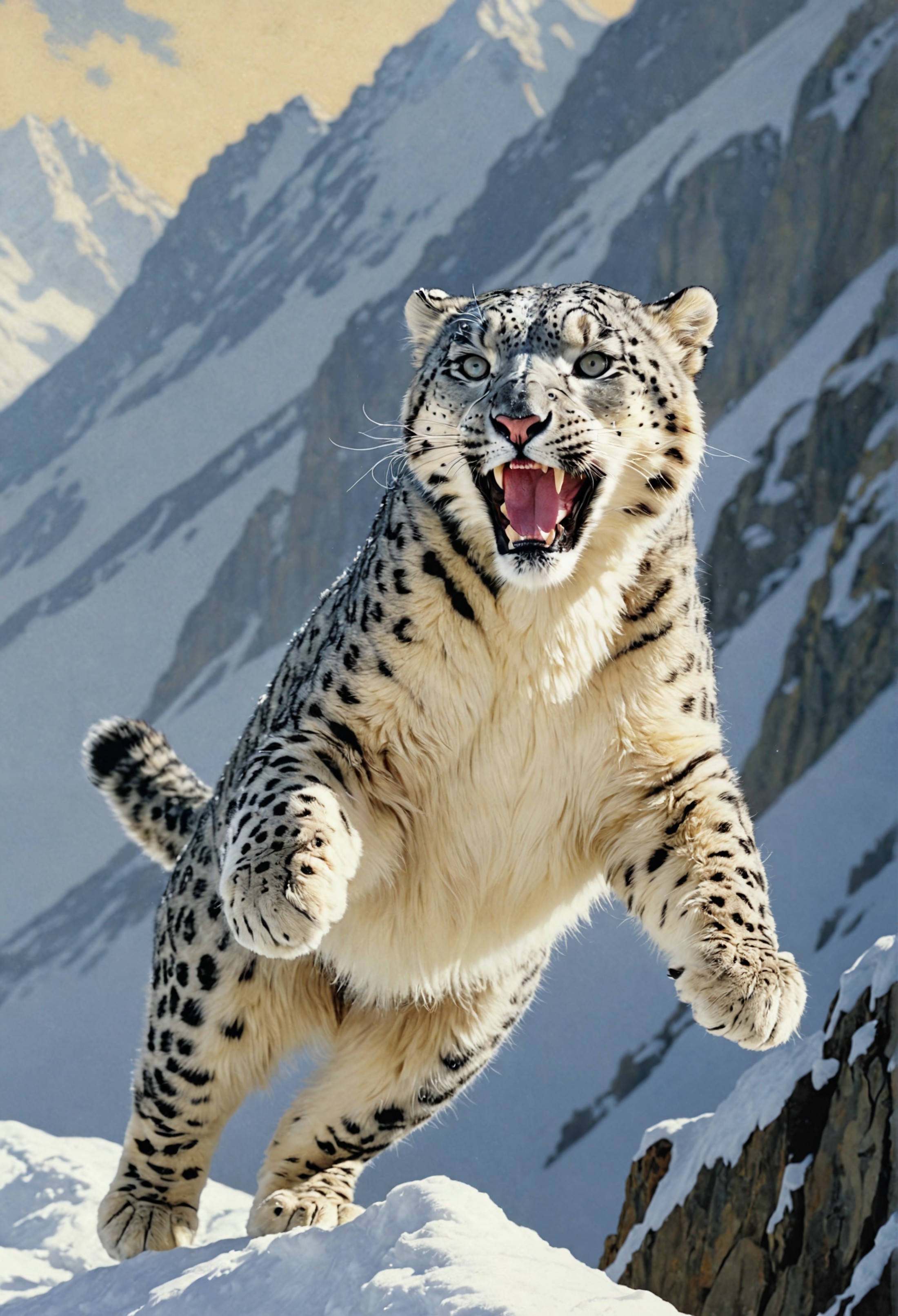 Majestic wildlife illustration, a snow leopard in mid-air leap, capturing the moment of power and grace, stunning fur text...